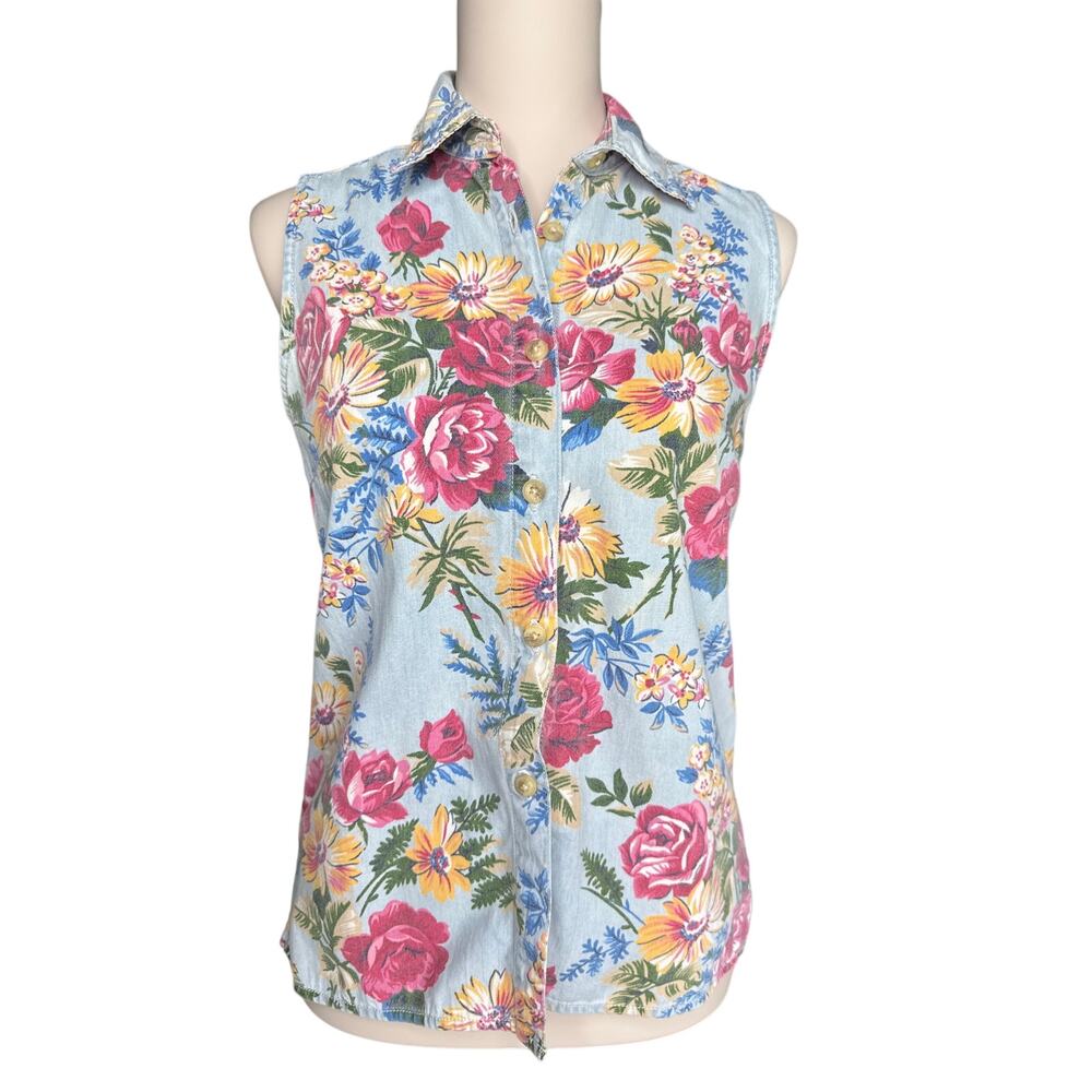 Gloria Vanderbilt Retro Floral Sleeveless Button Front Top Cotton Size Small